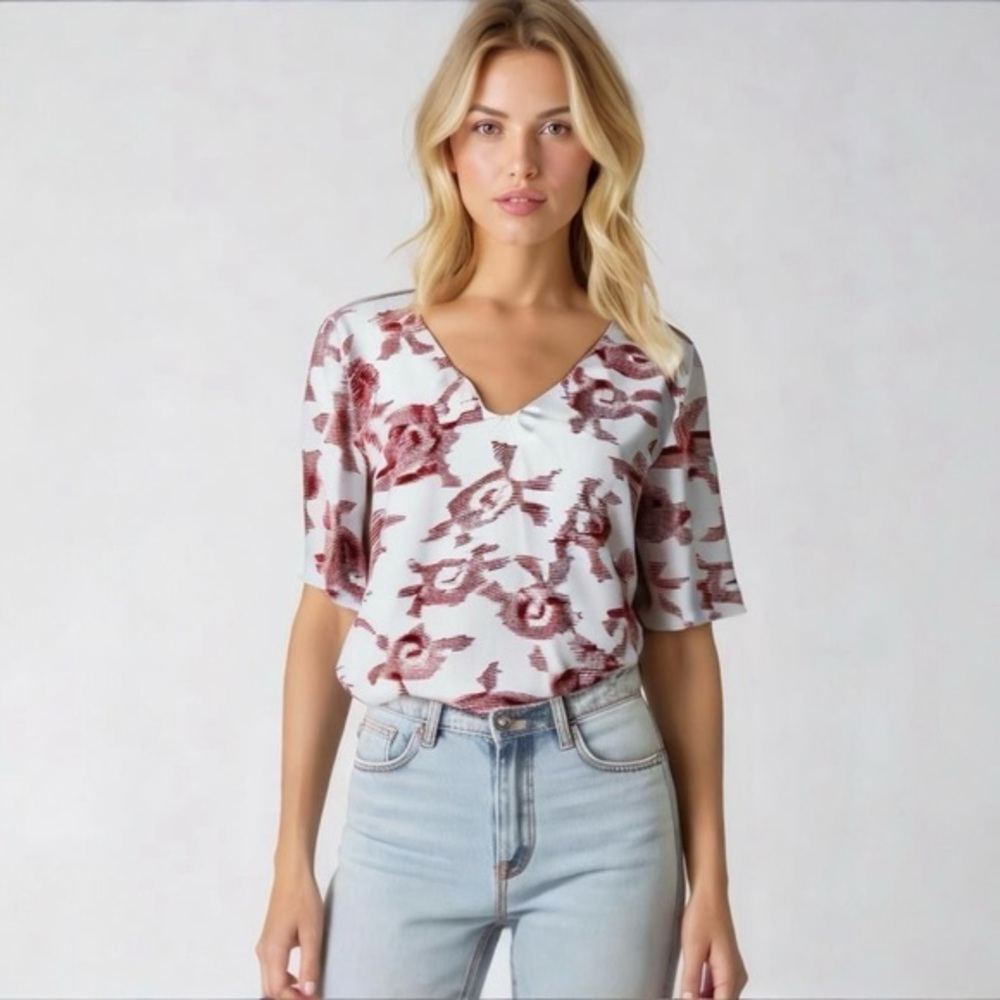 Womens Equipment Femme Blouse S White Red Floral 100% Silk Designer Top
